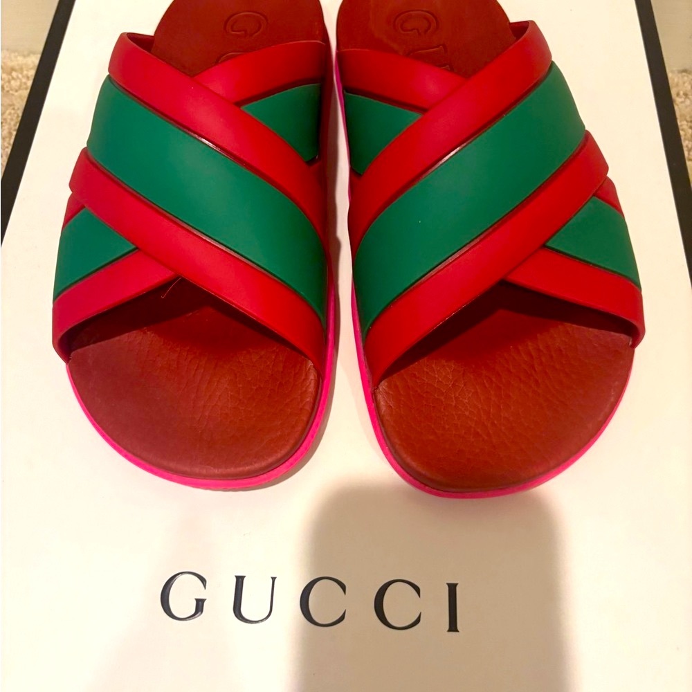 Gucci Red and Green Crisscross web Slides - Picture 8 of 10